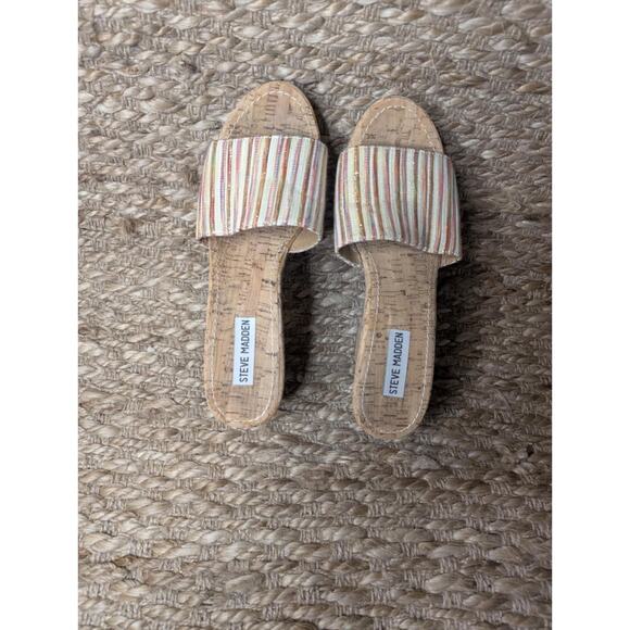 STEVE MADDEN MULTI COLORED FABRIC STRAP CORK WEDGE SURG SANDALS Size 8.5 M - Picture 4 of 10